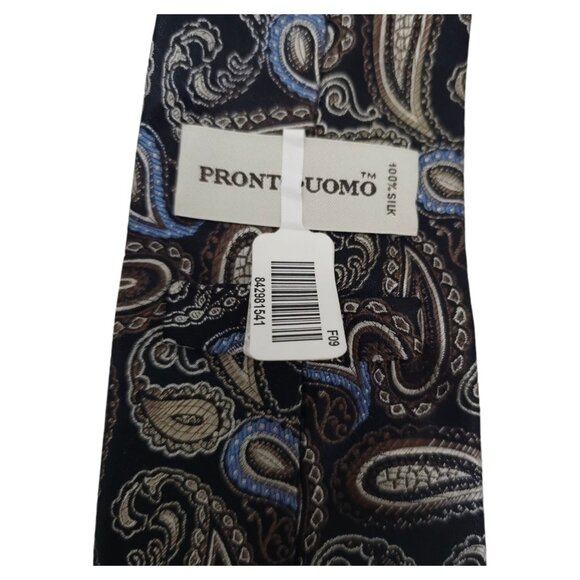 PRONTO UOMO Coutoure Mens Warehouse Silk Tie Black Silver Brown Paisley Q2 - Picture 3 of 3